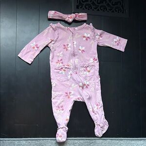 Jessica Simpson Pink Floral Footie Pajams with Headband
